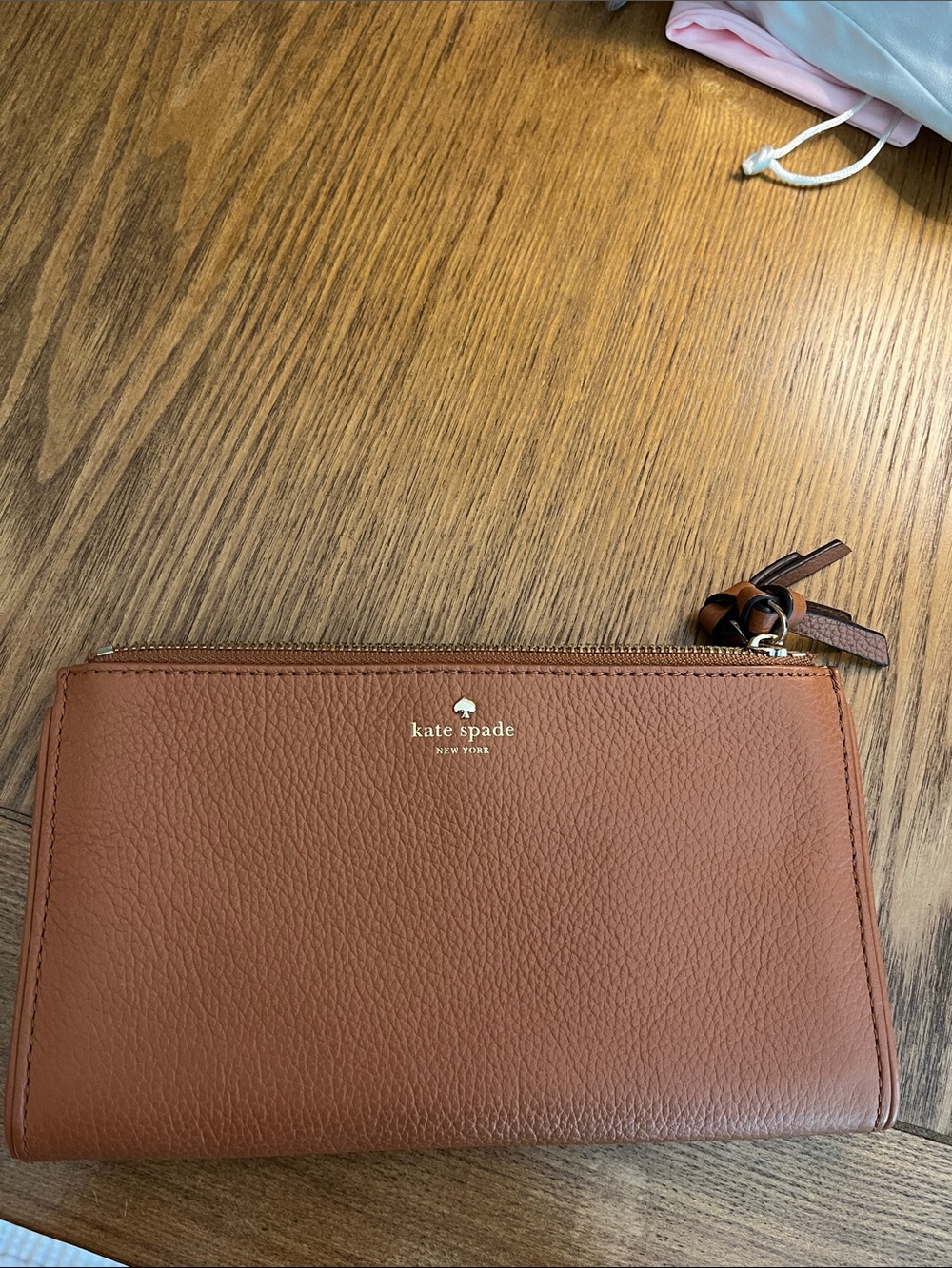 kate spade Brown Pebbled Leather Zip Wallet with Tassel